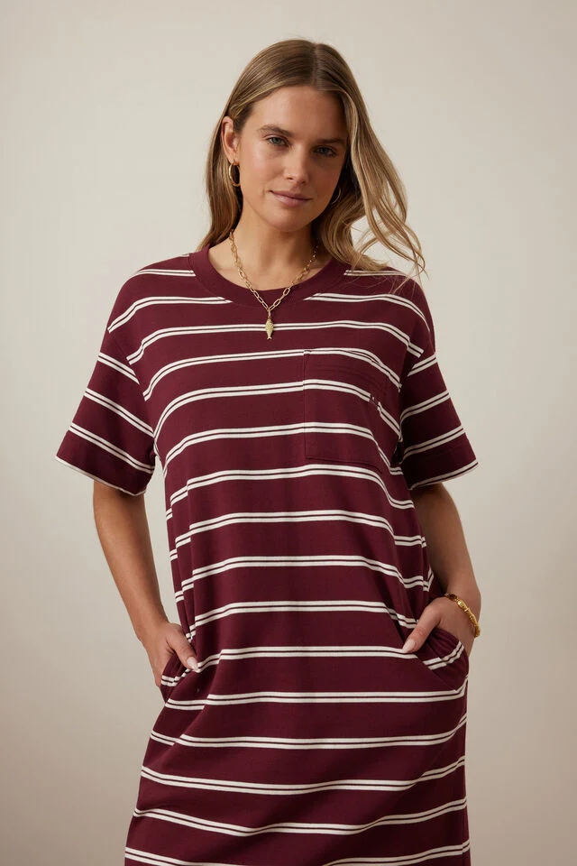Ceres Life - Charlotte Midi Terry Dress - Burgundy Milk Stripe - Image 4